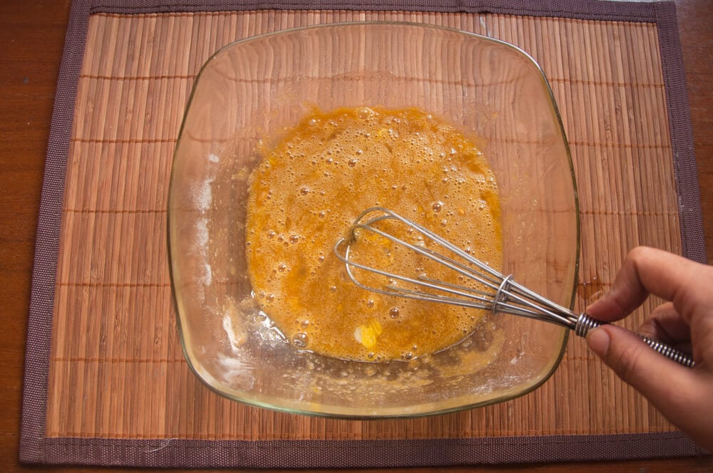 Beat eggs and brown sugar together in large bowl.