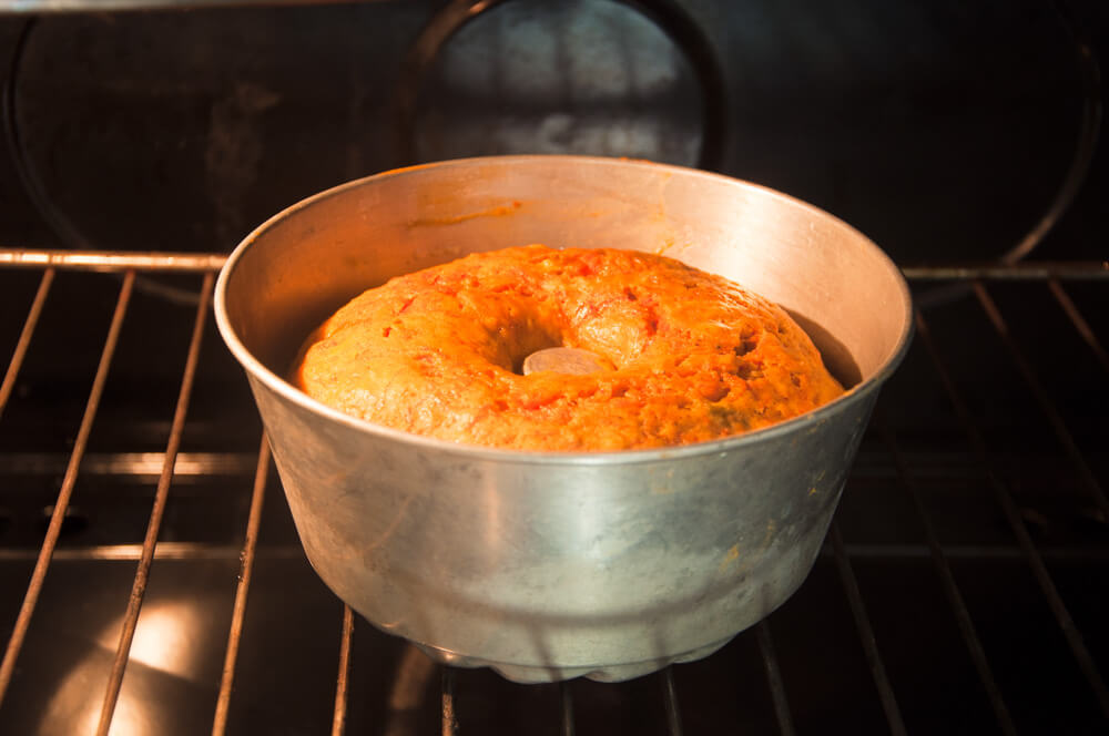 carrot cake baking in oven.