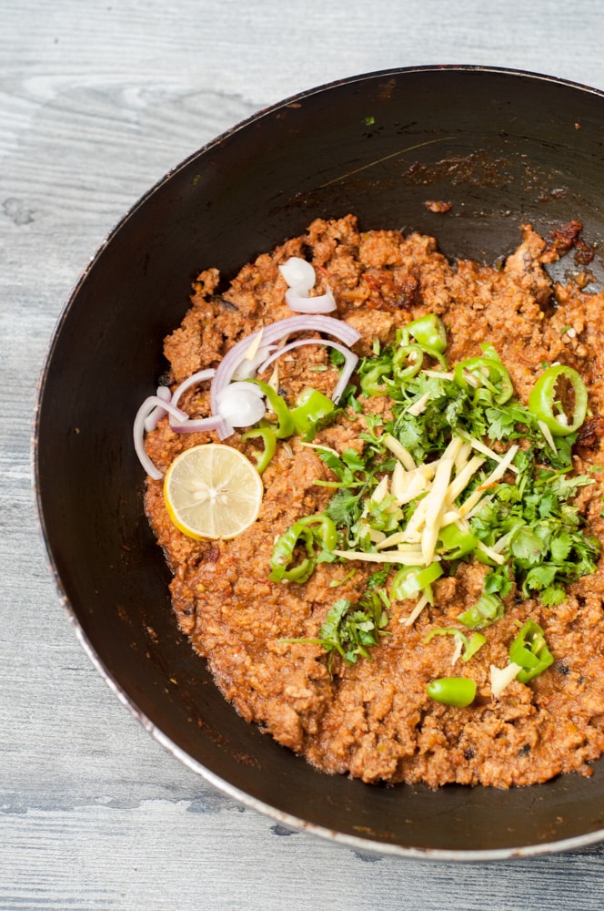 bhunna keema recipe in a wok.