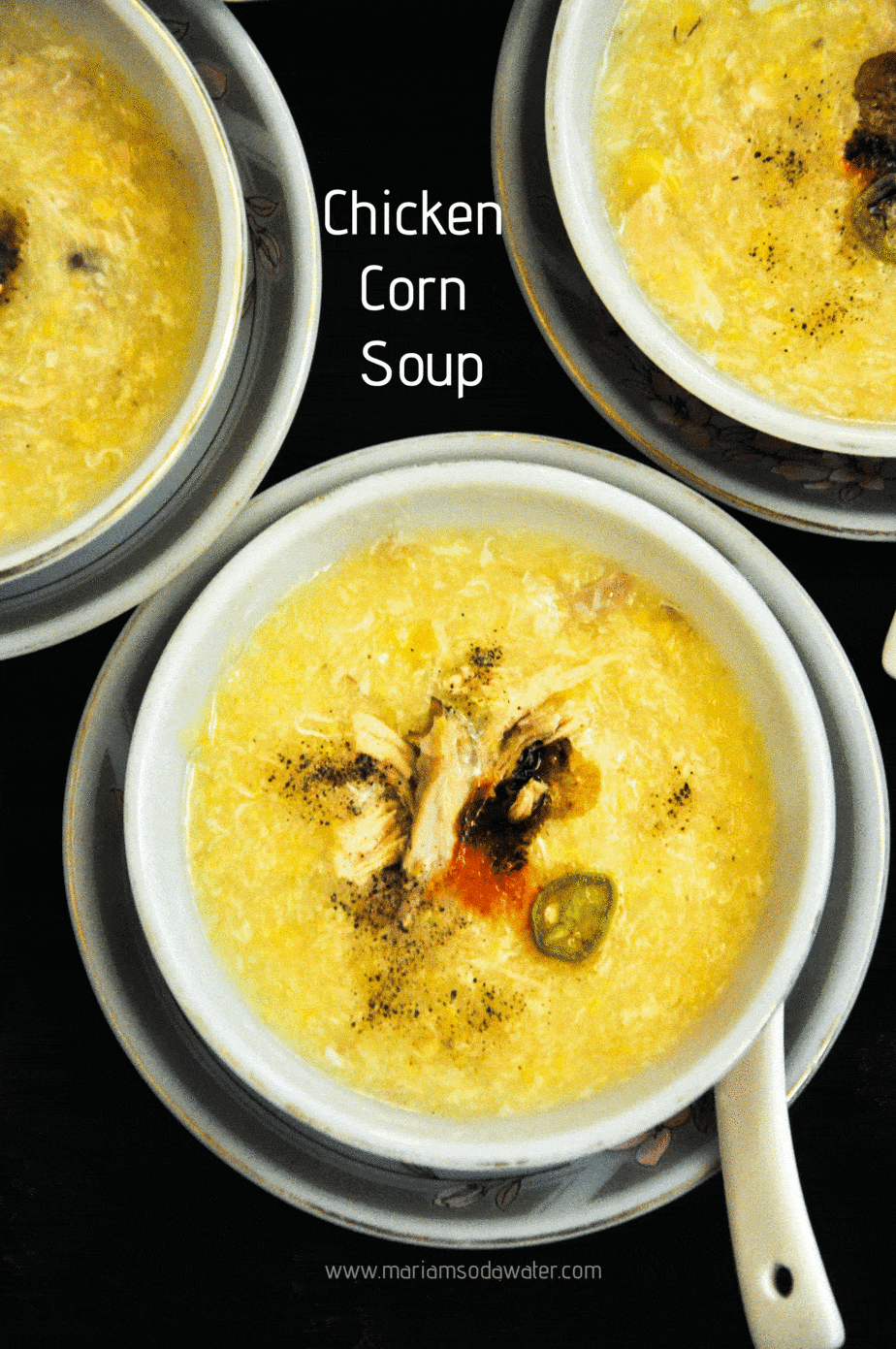 three bowls of chicken corn soup