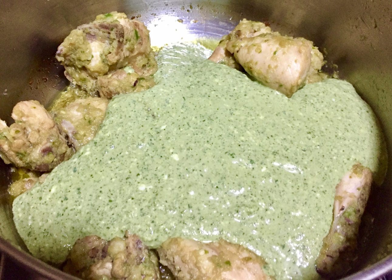 Add Green paste to chicken.