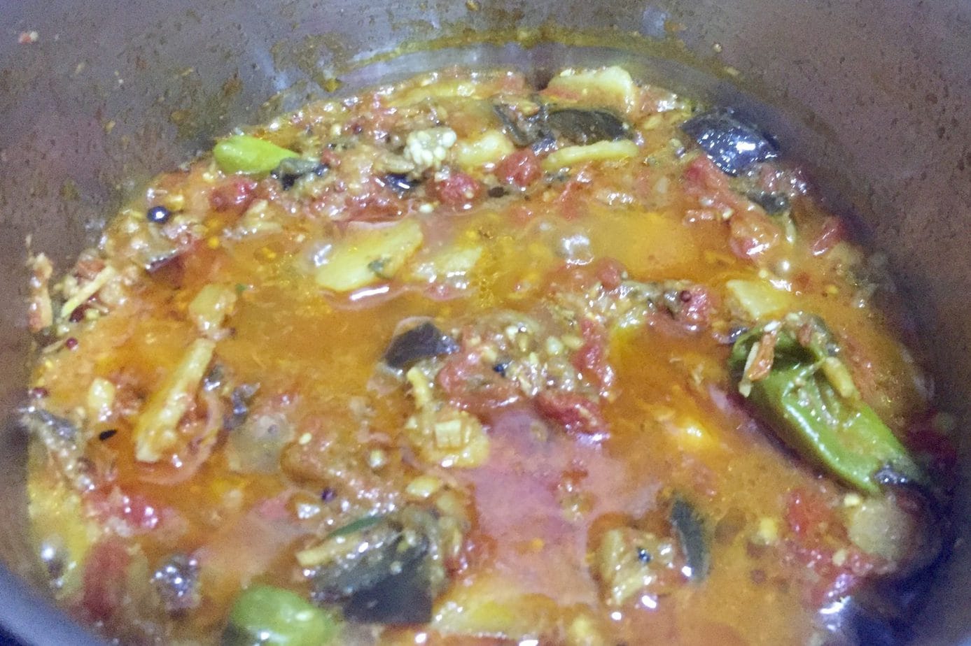 Indian Eggplant curry is ready to serve from the pot.