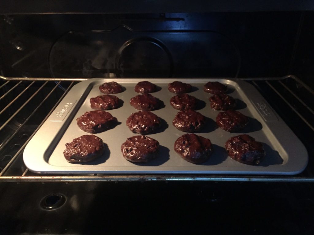 Bake double chocolate cookies in oven.