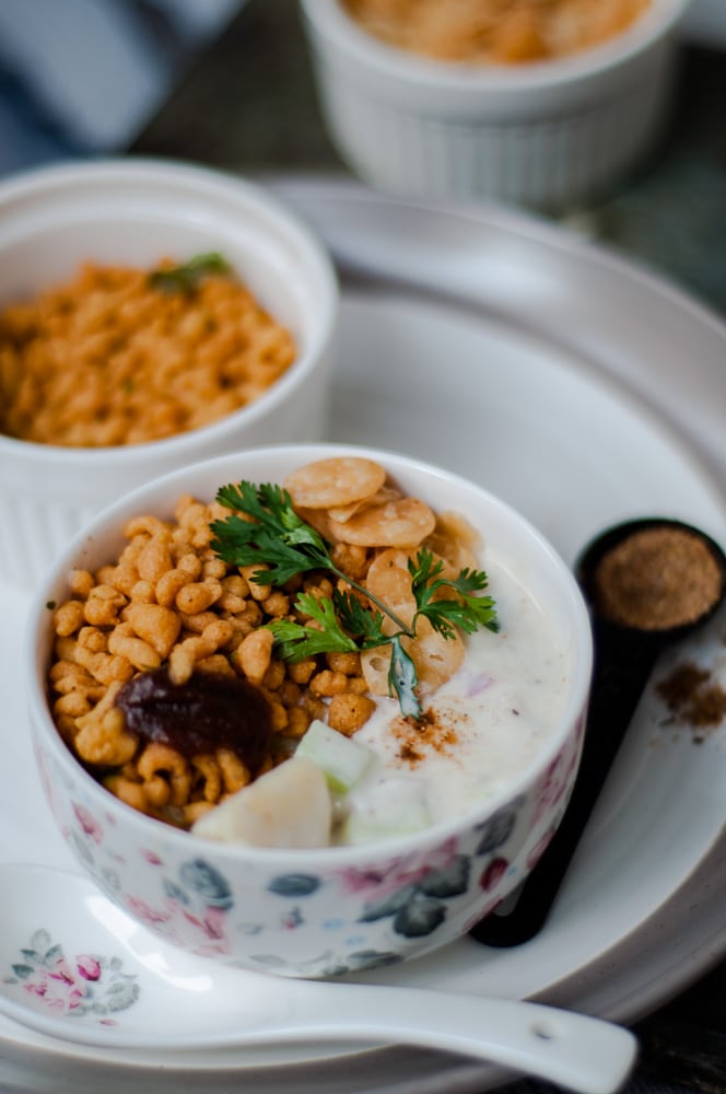 Boondi raita served on a plate in a bowl.