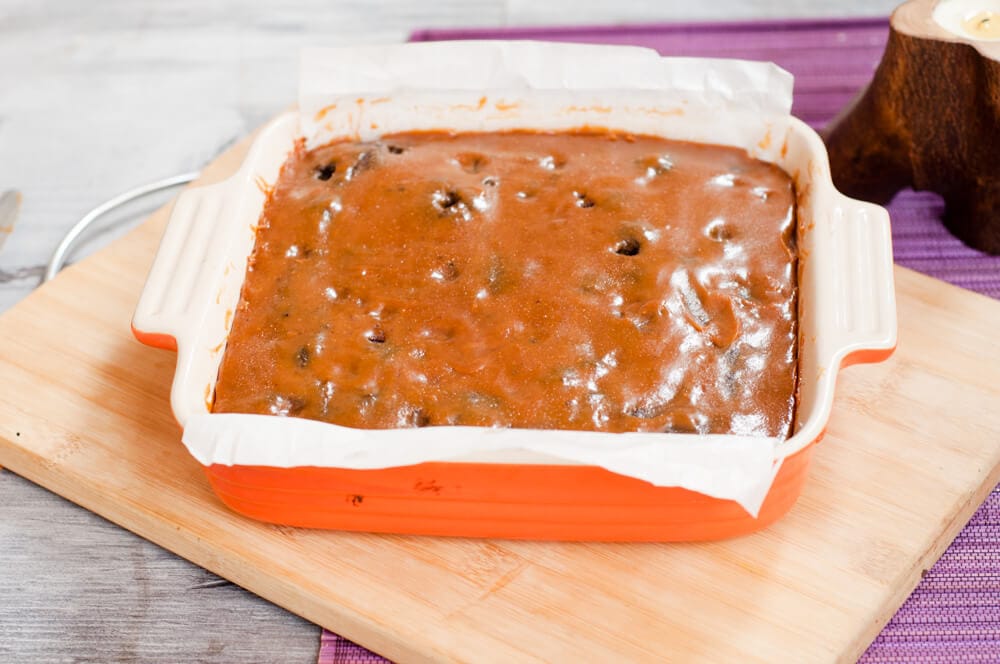 salted caramel brownie in baking tray.