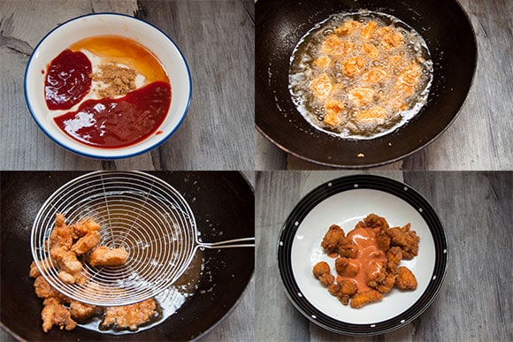 Steps to fry dynamite chicken and coat with dynamite sauce.