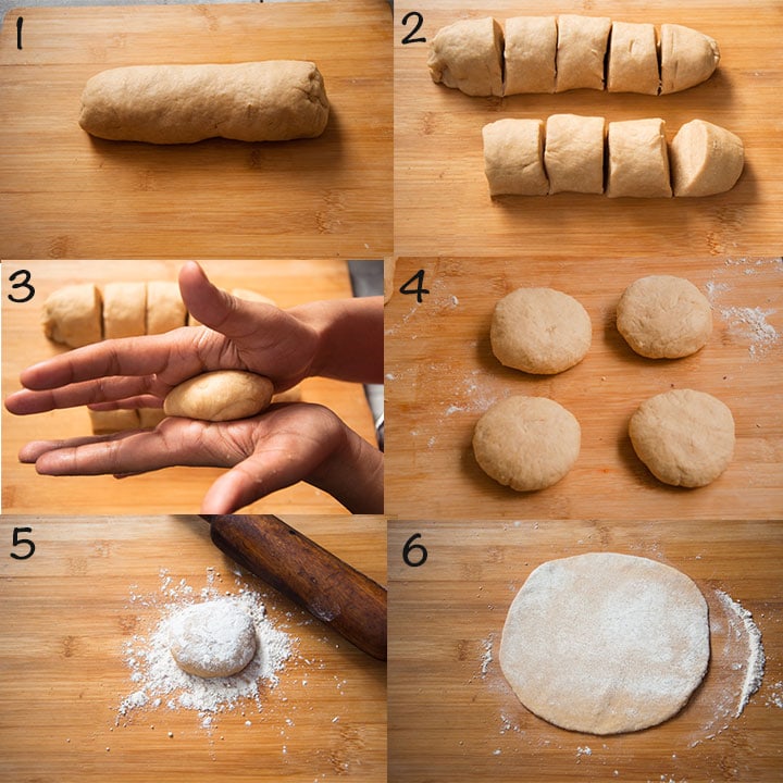 Steps to roll whole wheat dough balls into pita bread.