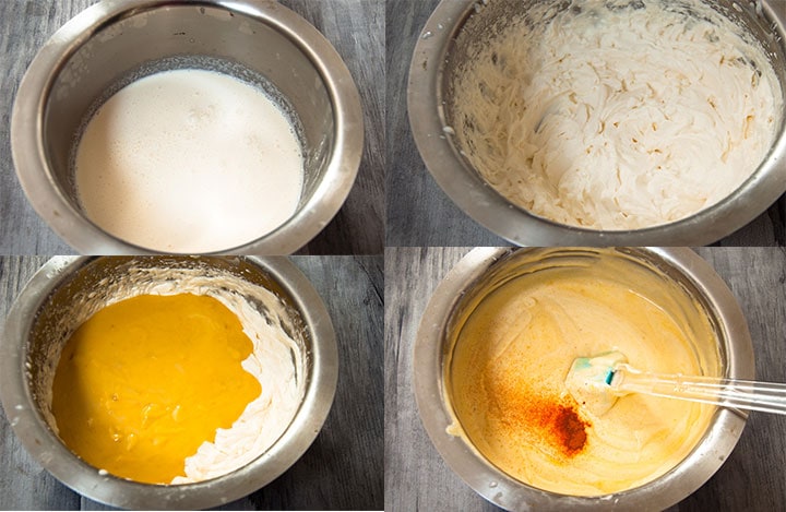 Four image combined together to show the steps of whipping cream and mixing mango-condensed milk mixture with whipped cream.