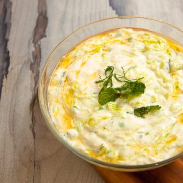 Tzatziki Sauce served in clear bowl.