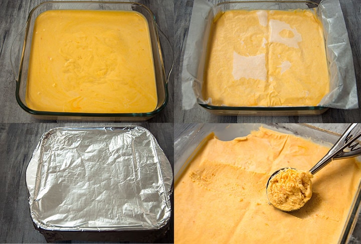 Four images combined to show steps for freezing and scooping of ice cream.