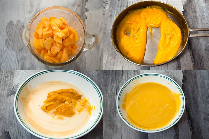 Four images combine to show steps to make mango pulp and combine it with condensed milk.