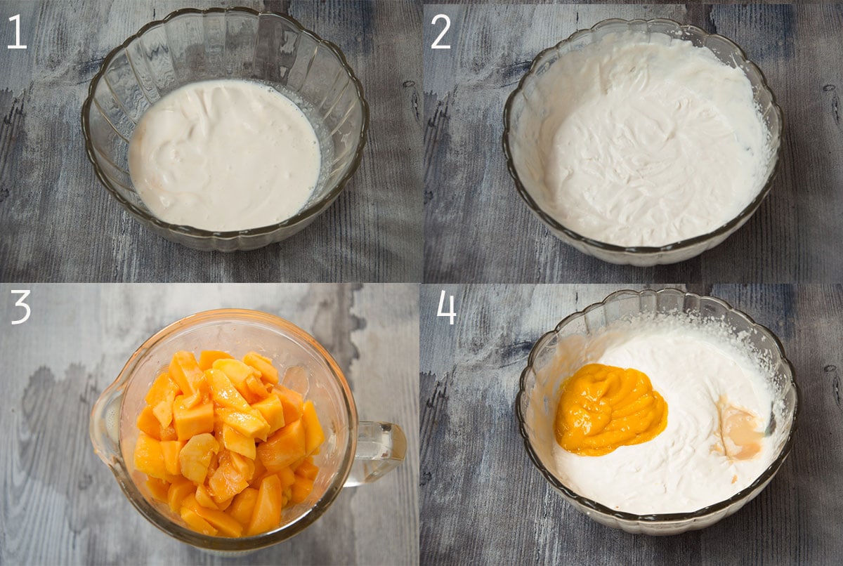 Steps to whip cream and mix in condensed milk and mango pulp.