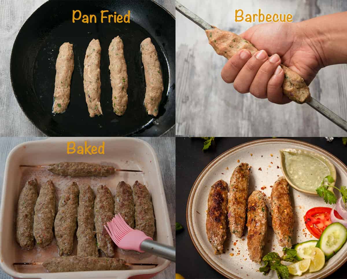 Steps for pan-frying, Barbecue and baking seekh kebab.