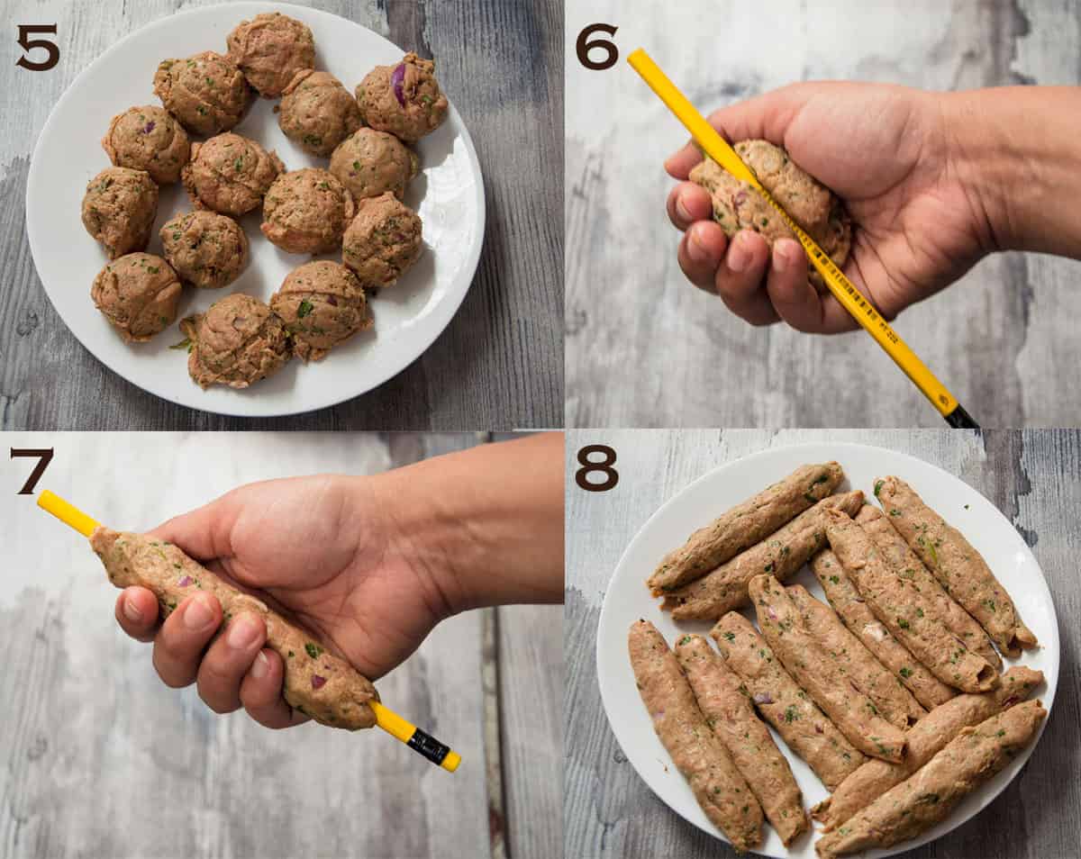 Steps to roll homemade seekh kabab.