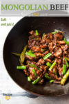 Mongolian Beef in a wok with overlay text.