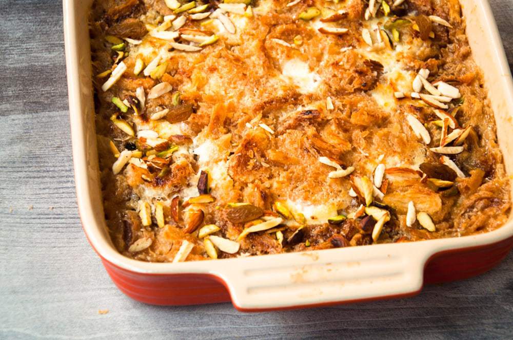 Freshly baked Egyptian Dessert in a casserole dish.