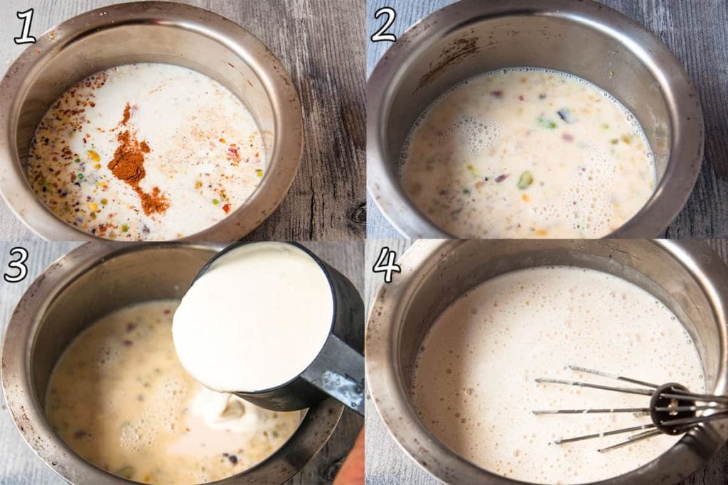 A collage of four photos showing how to make milk for Om Ali.