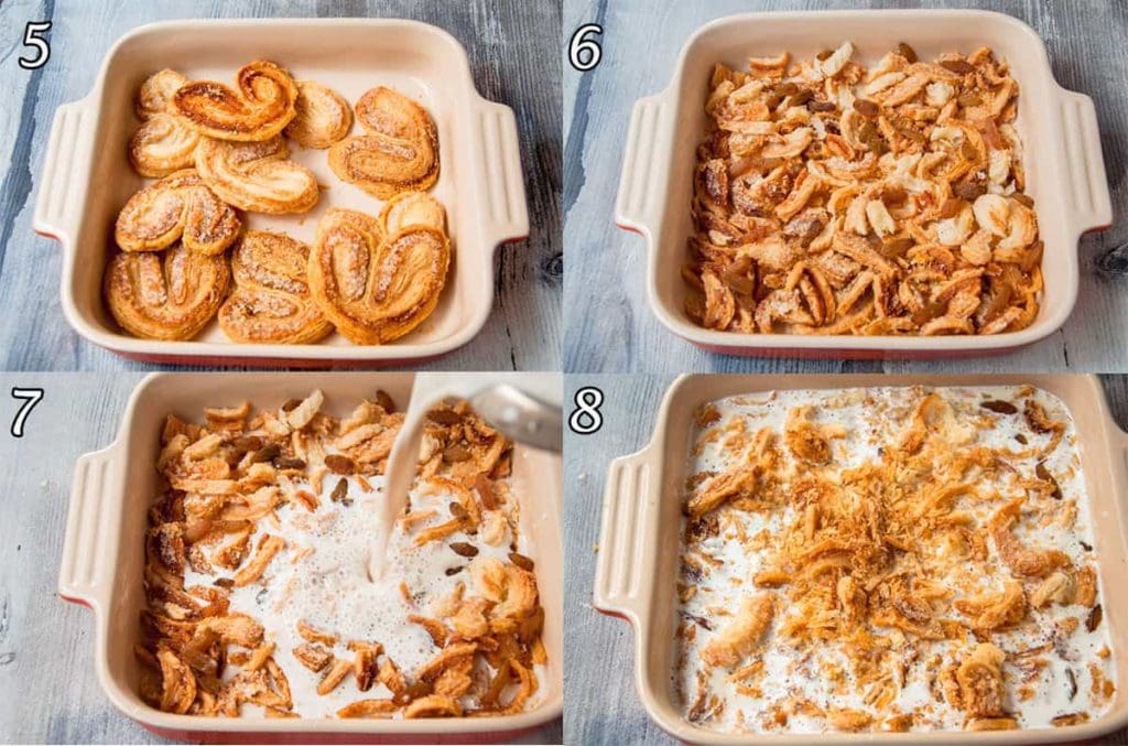 A collage of four photo showing how to assemble a casserole.