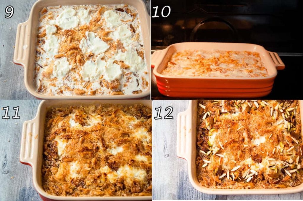 a collage of four photo showing how to bake and garnish.