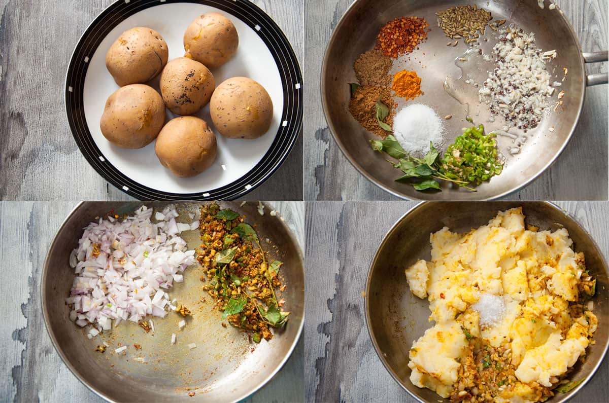Steps to boil, mash and season potato.