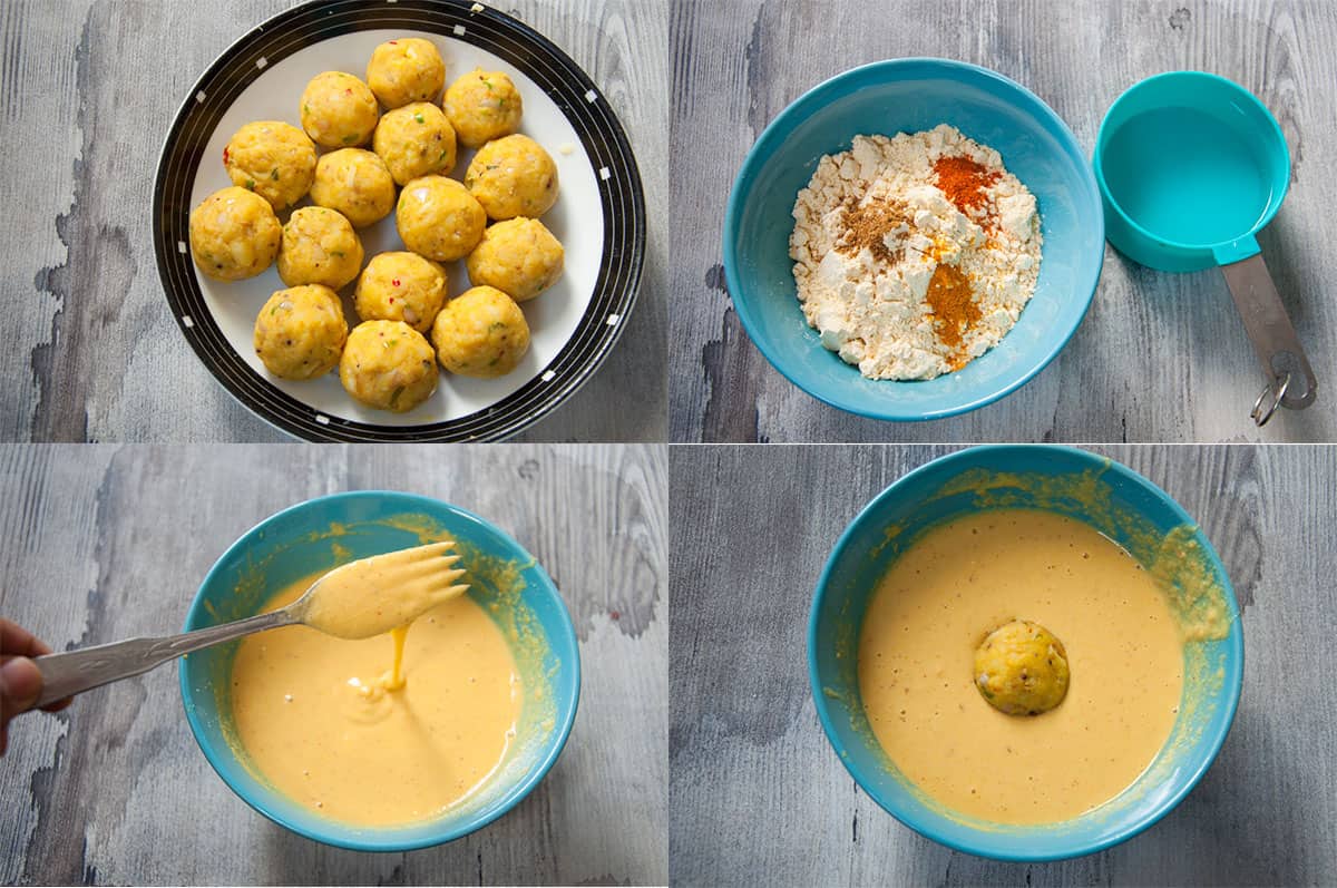 a collage of 4 images showing steps to roll and dip indian potato dumpling in chickpea flour batter.