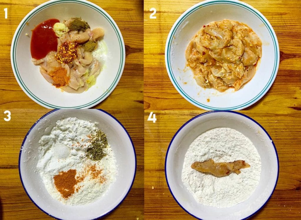 Steps to marinate chicken strips.