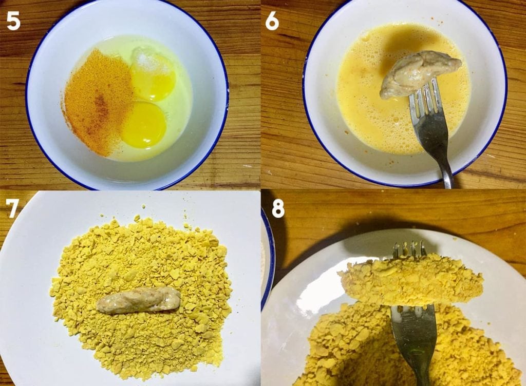 Steps to dip chicken in egg wash and coat with cornflakes.