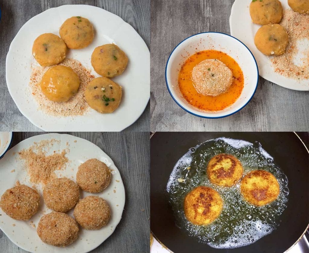 Steps to coat stuffed potato ball with bread crumbs and fry aloo keema patties or cutlets.