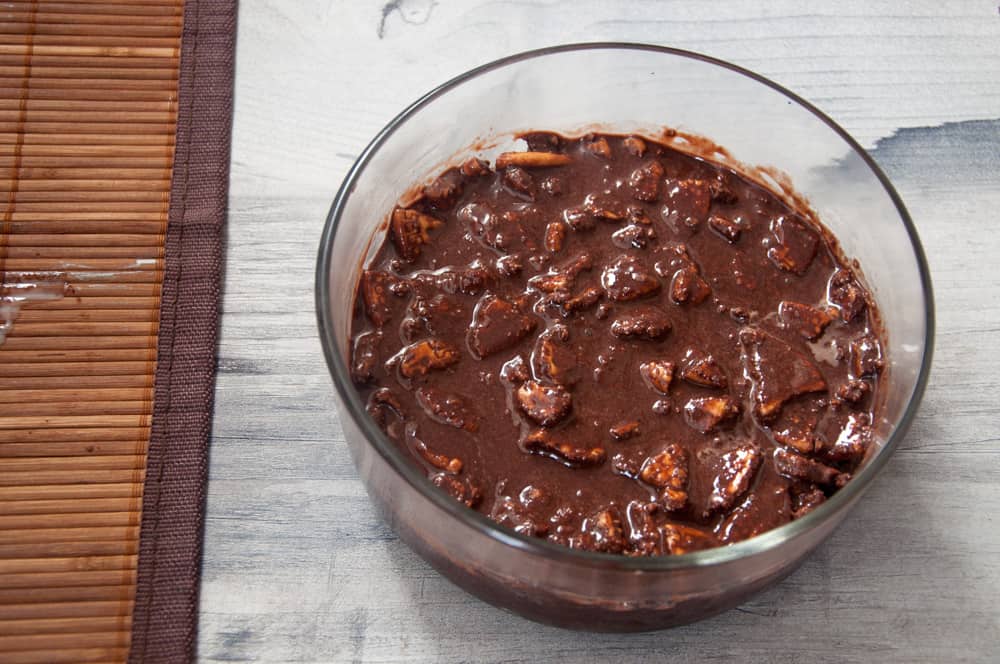 Chocolate biscuit pudding in a serving bowl.