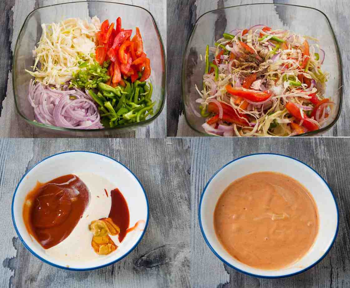 a collage showing steps to make veggies filling and sauce.