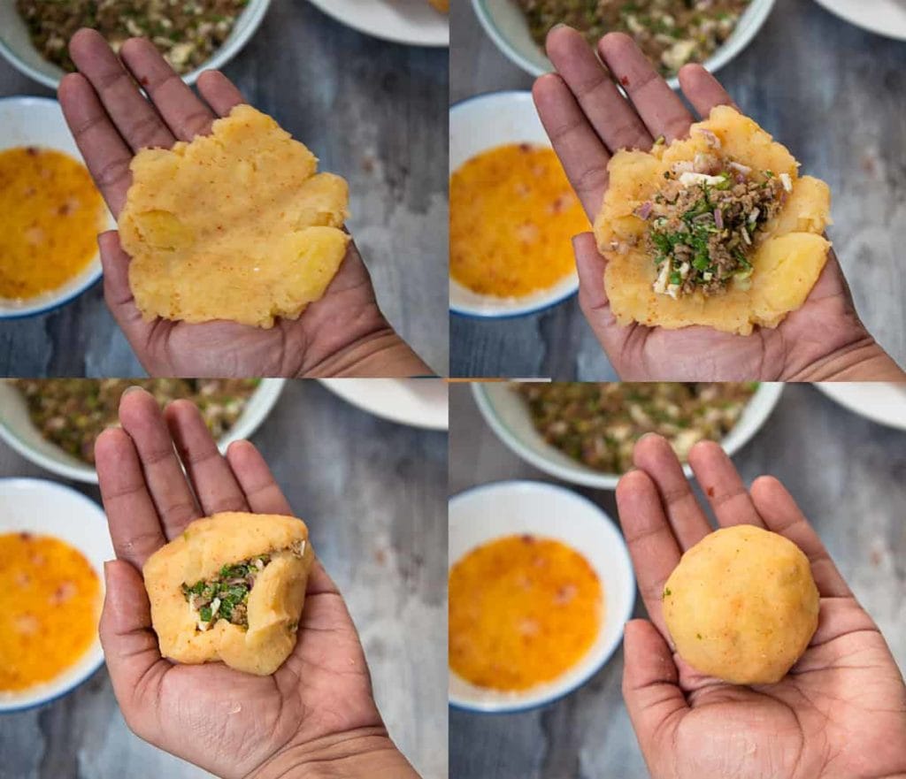 Steps to roll mashed potato balls with stuffing.