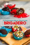 A collage showing close up bite of brigadeiro chocolate trfuffles.