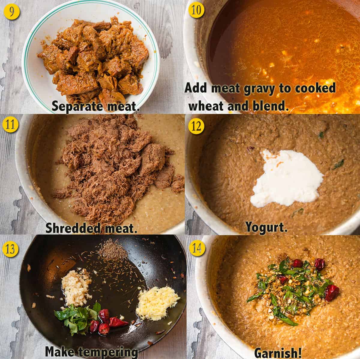 A collage showing steps to assemble haleem.