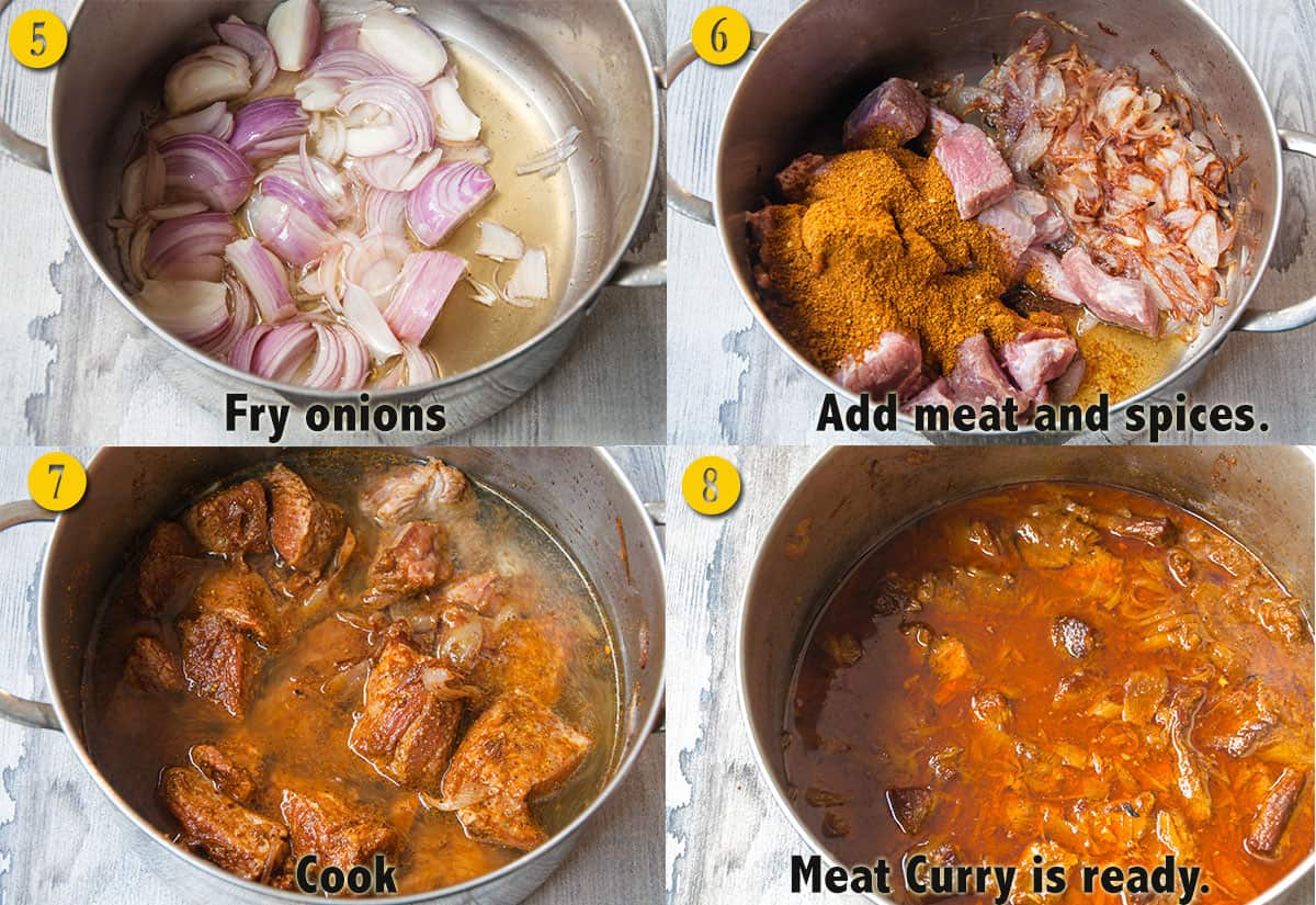 A collage showing steps to make beef or lamb curry.