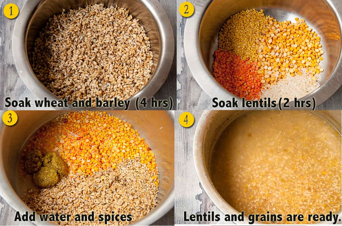 A collage showing steps to make lentil and grain curry.