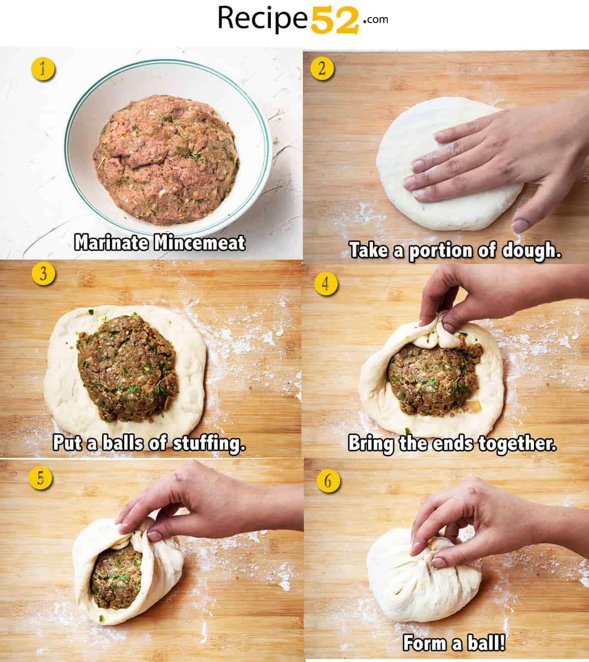 Steps for filling and rolling dough into naan.