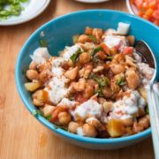 Aloo chana chaat served in a bowl.
