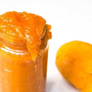 A close up of mango jam.
