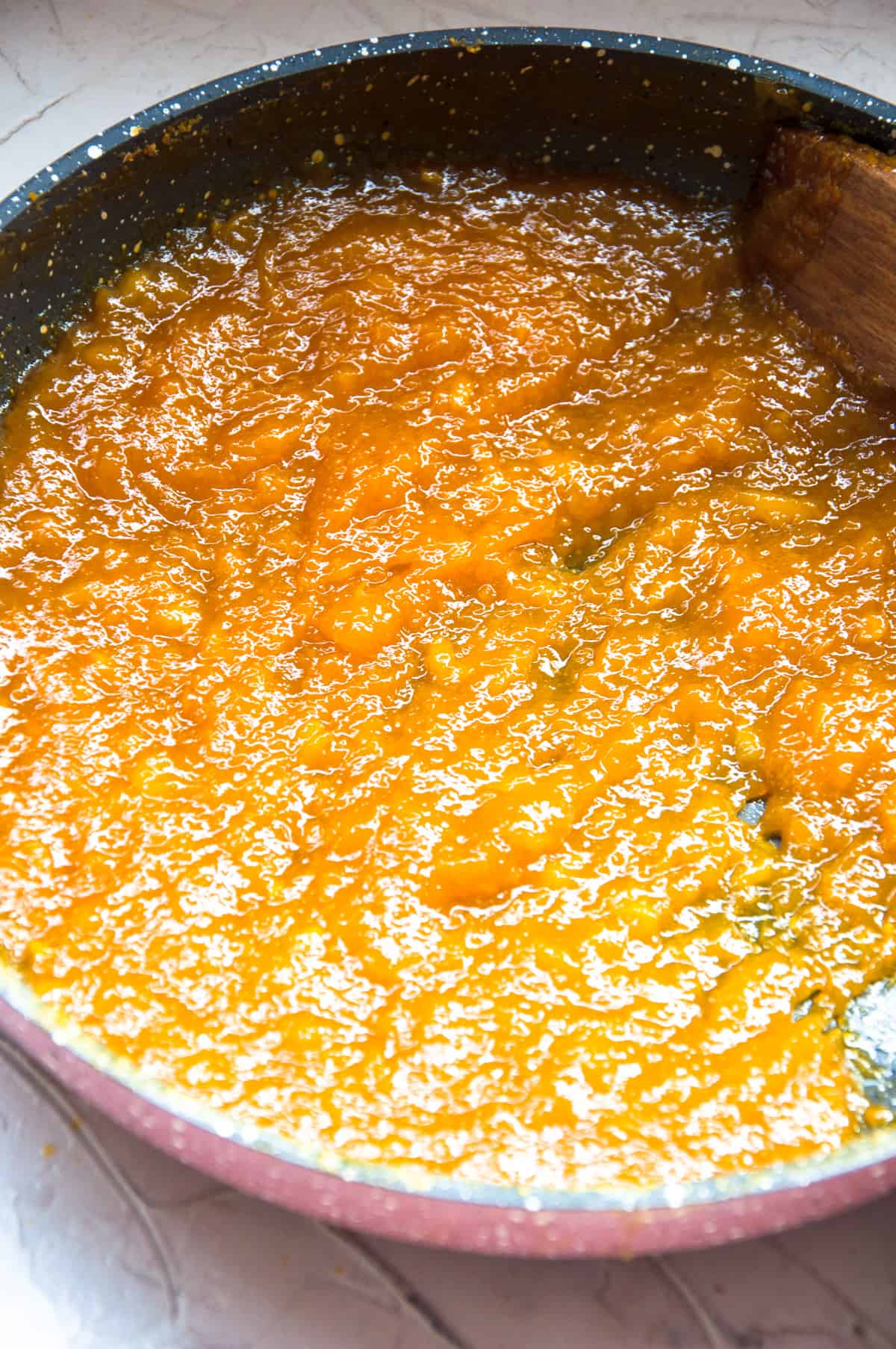 Mango jam cooling in pan.