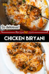 A collage of two photos of chicken biryani.