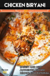 A spoon showing close up of chicken biryani with overlay text.