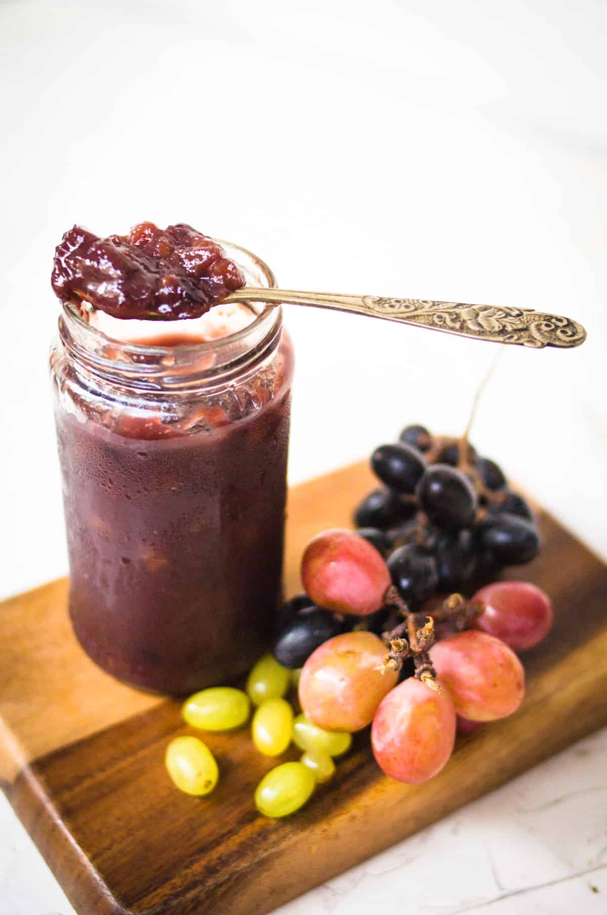 Concord grape jam in a jar.