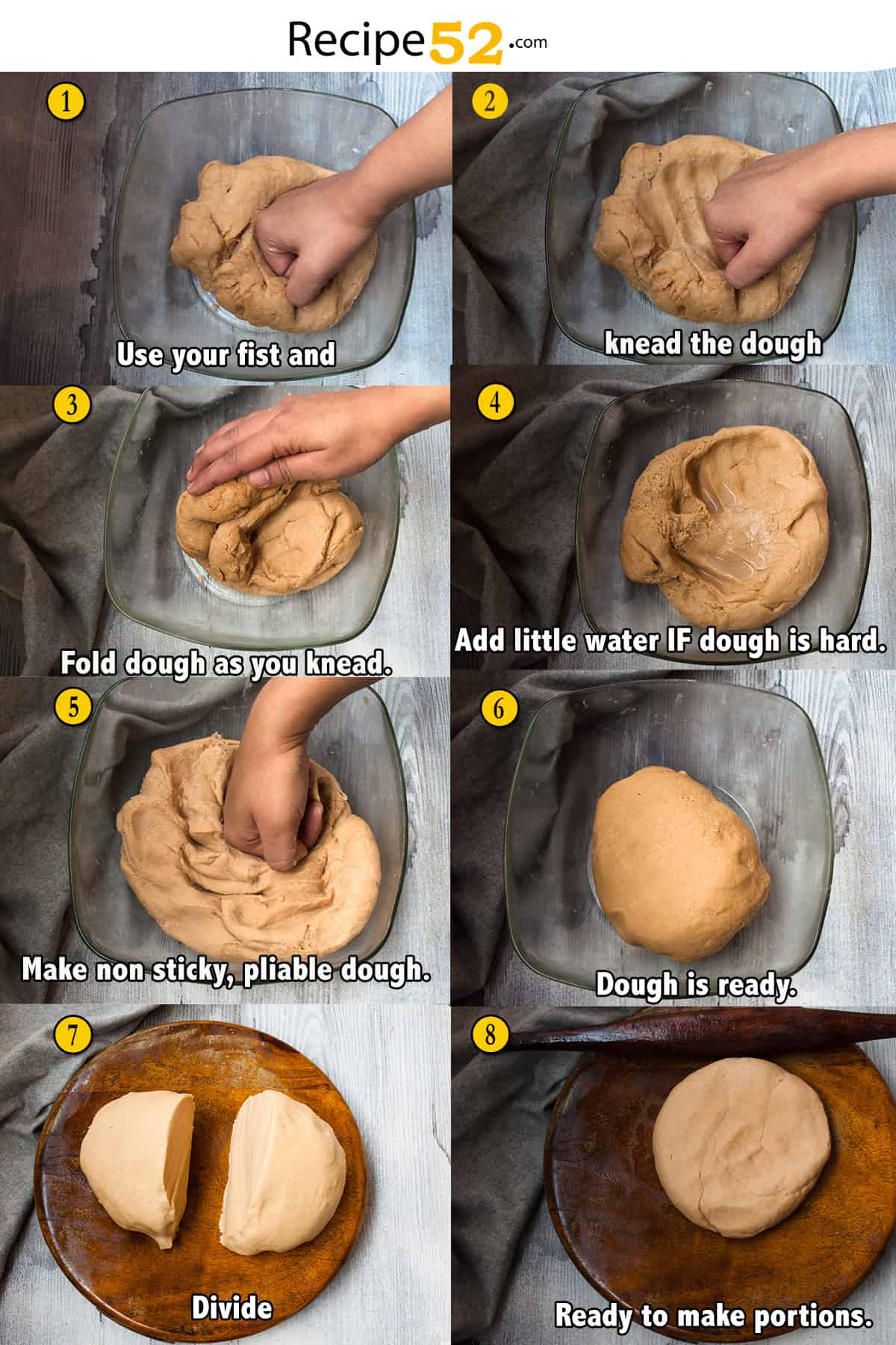A collage of steps to knead dough.