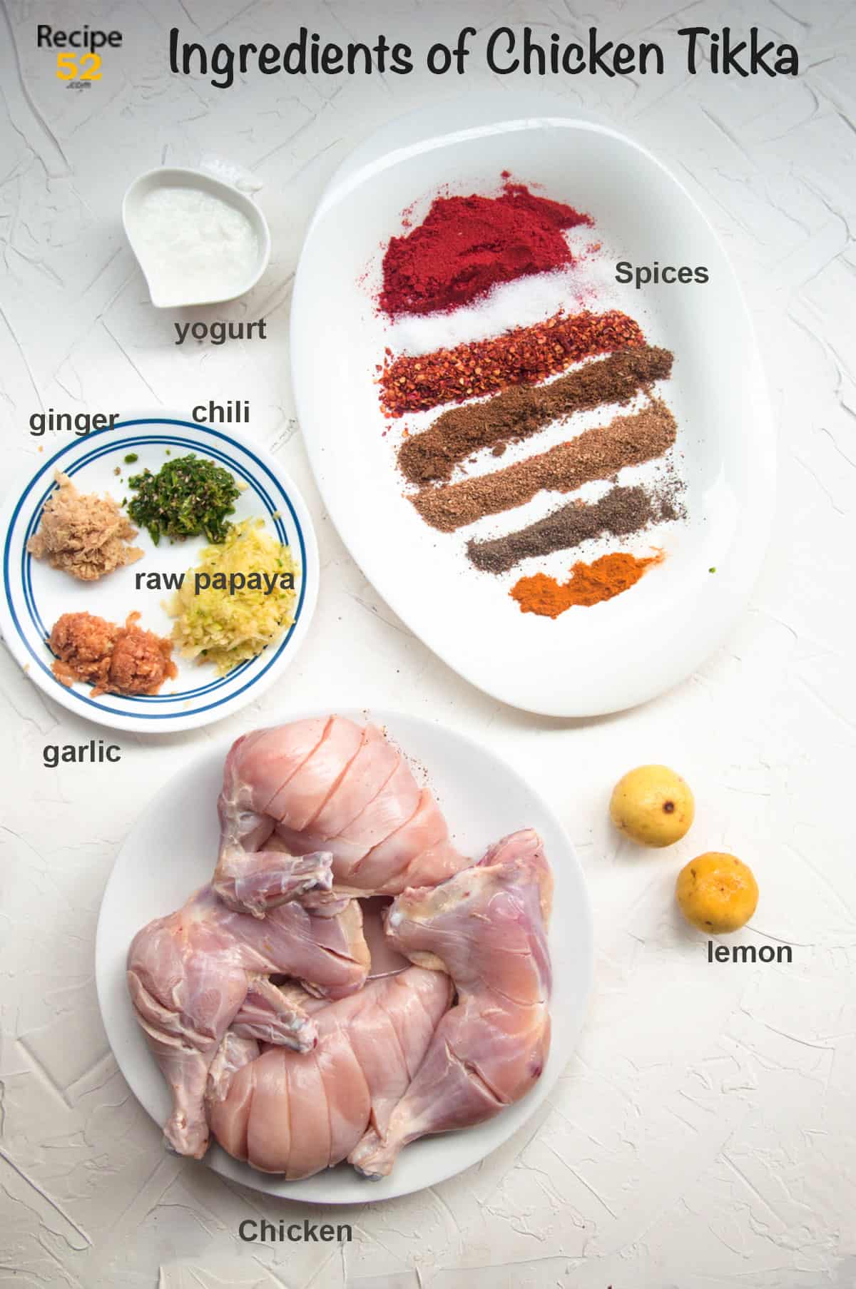 Ingredients for making chicken tikka.