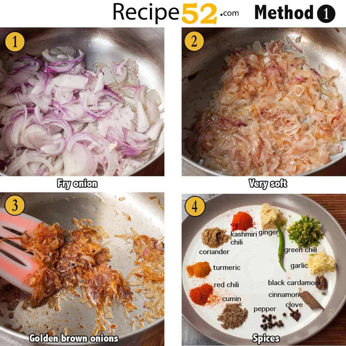 Steps to show frying of onions and adding spices.