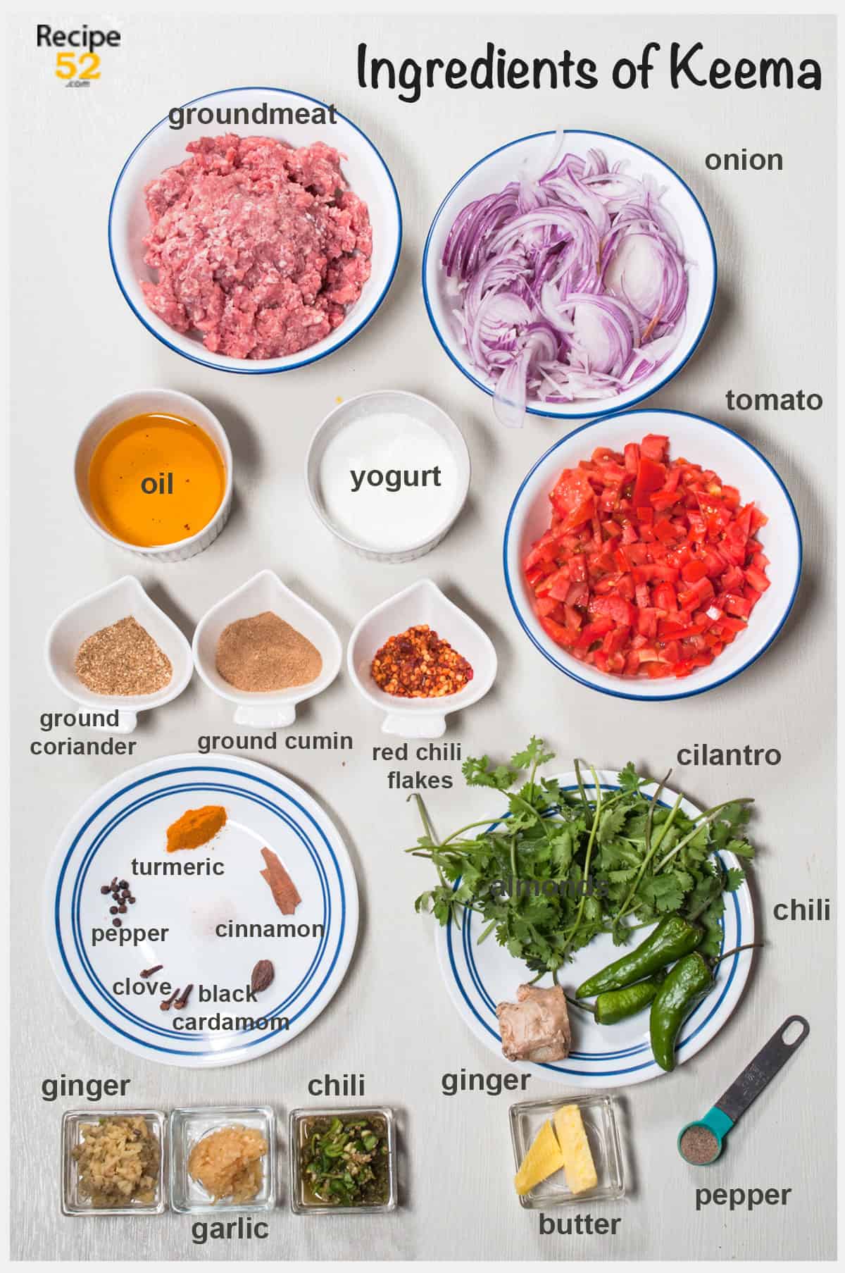 Ingredients of keema on a white background.