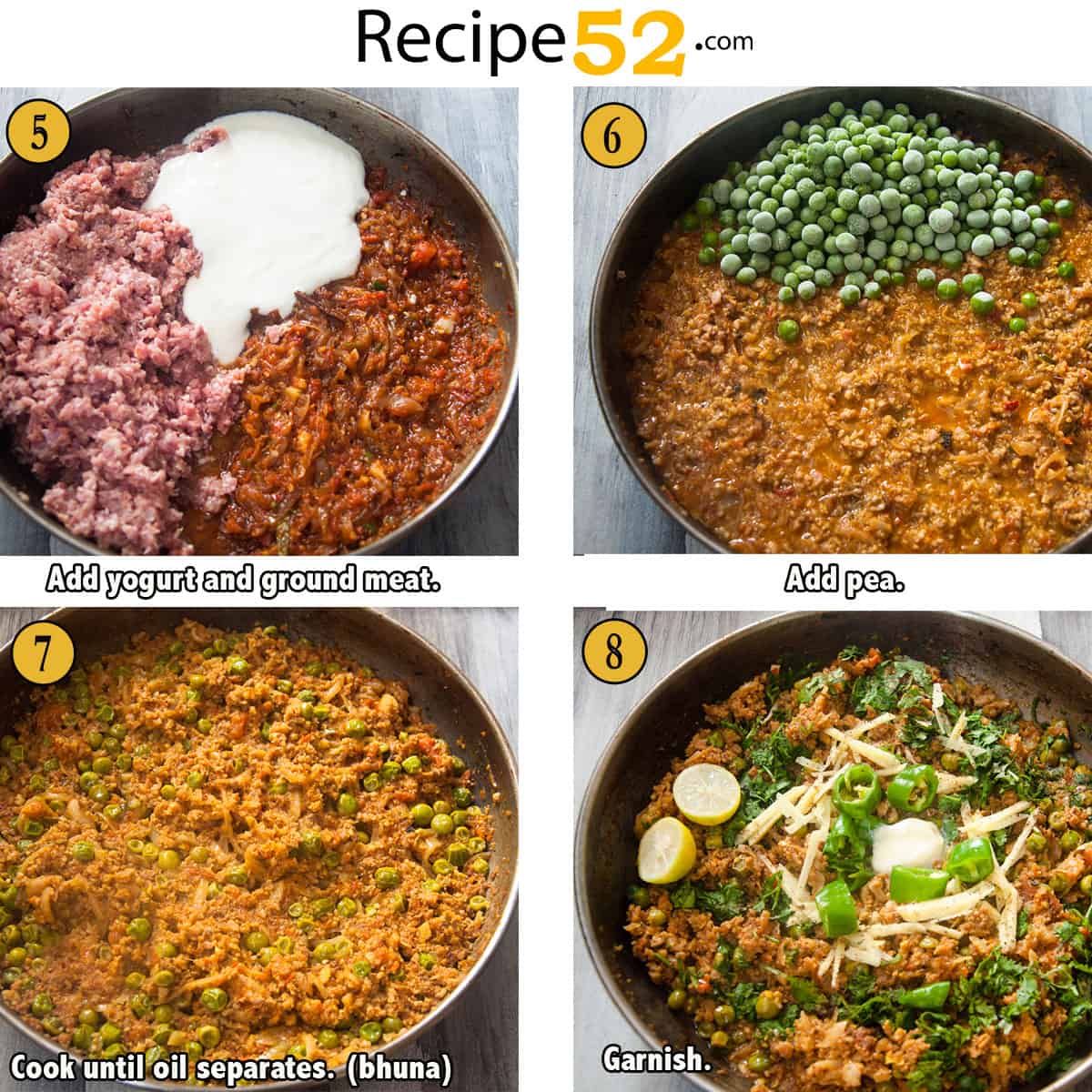 A collage of four step showing cooking of keema matar.