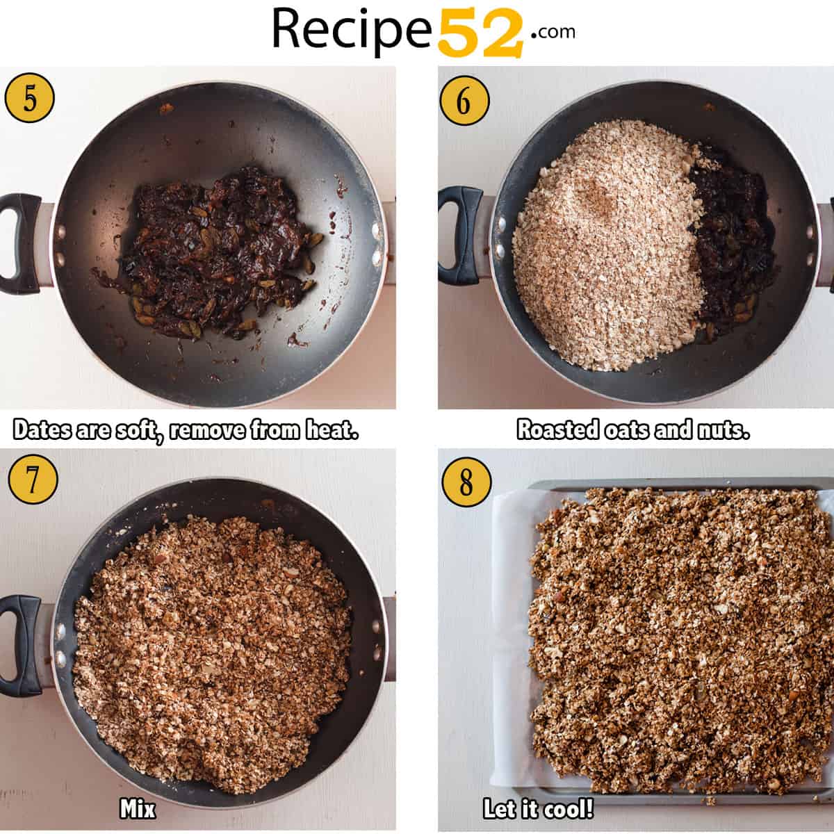 Steps to combine quick oats and brown sugar and date syrup to assemble granola.