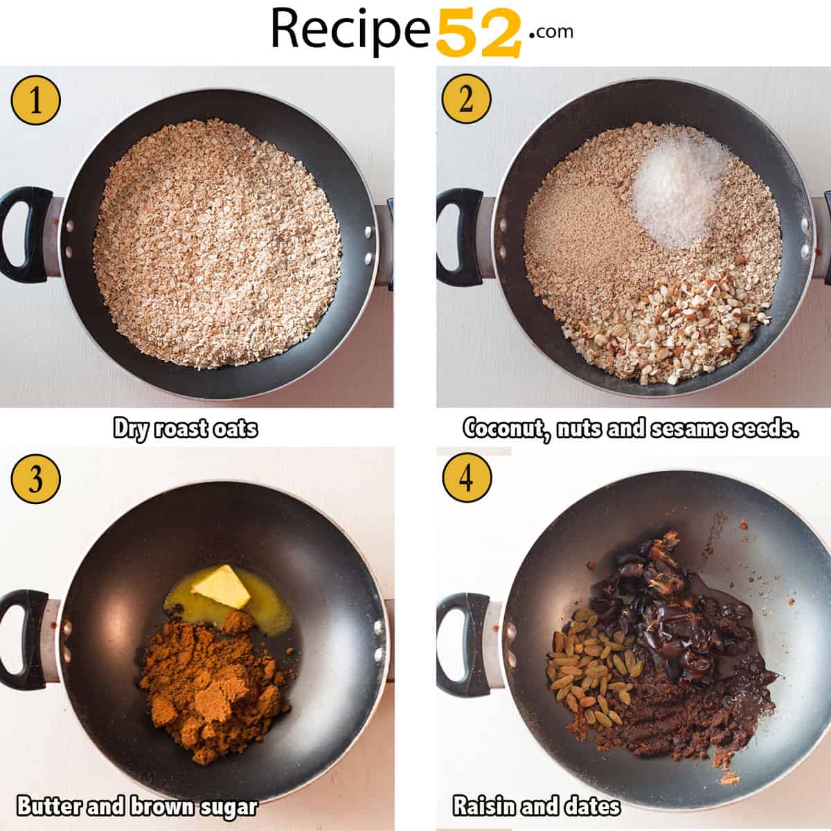 A collage of photo showing steps to dry roast oats and nuts. Also steps to melt brown sugar.