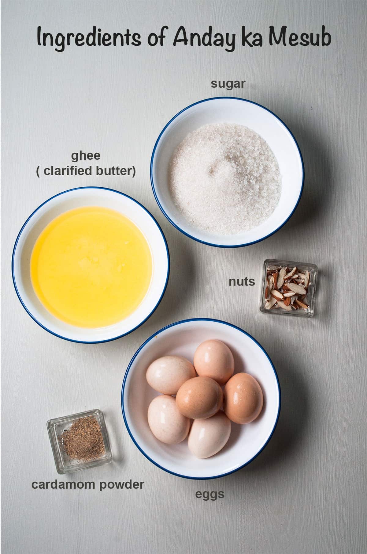 Ingredients of egg mesub on th white background.